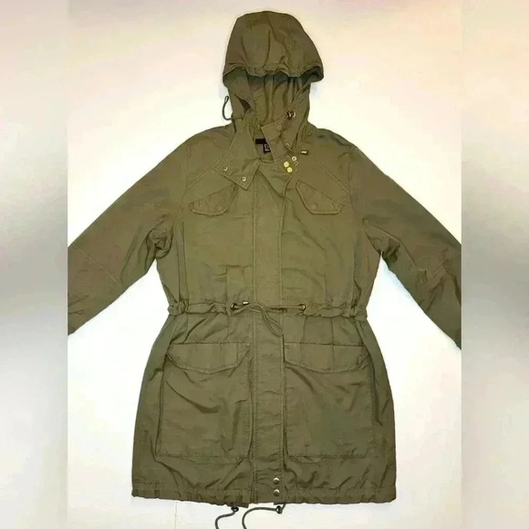 H&M Womens  Jacket Hooded Full Zip Tie Waist Adjustable Army Green Size- Medium - Picture 2 of 12